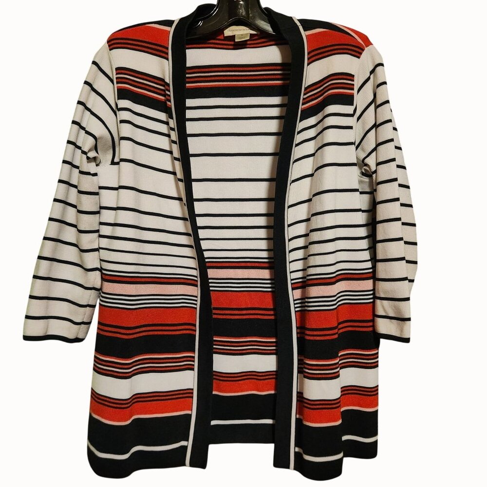 Christopher & Banks Striped Open Front Cardigan Sweater S Red/Black/White